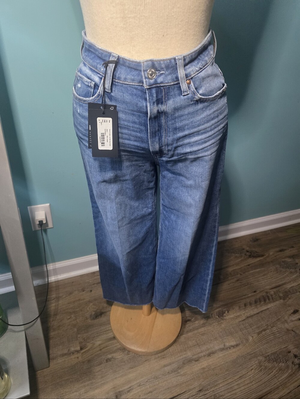PAIGE Two-Tone Wide-Leg Blue Denim Jeans